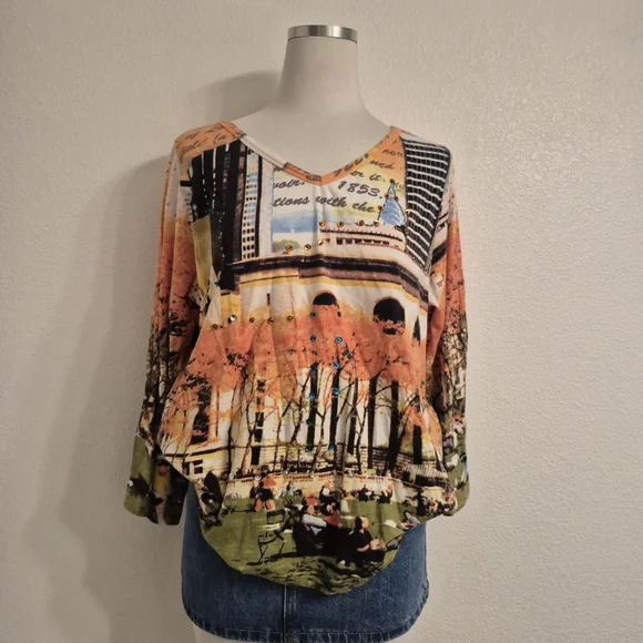French Postcatds Scenic Novelty Print Long Sleeve Top Soft Womens Size L - Picture 3 of 12
